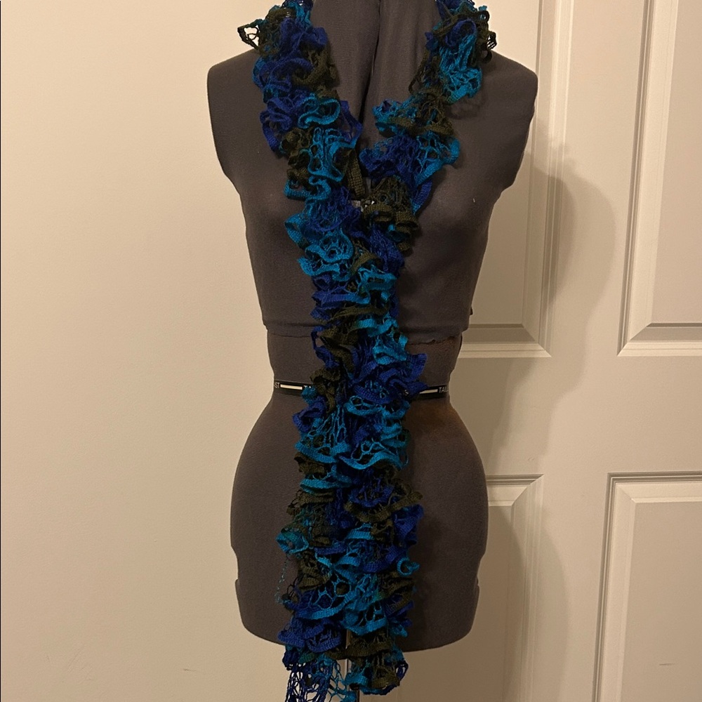 72” Ruffled Knit Scarf in Teal, Charcoal and & Royal Blue